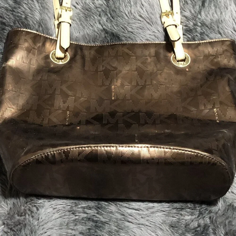 Michael Kors Brown Logo Tote Bag with Logo Charm, Beige Leather Double Handles